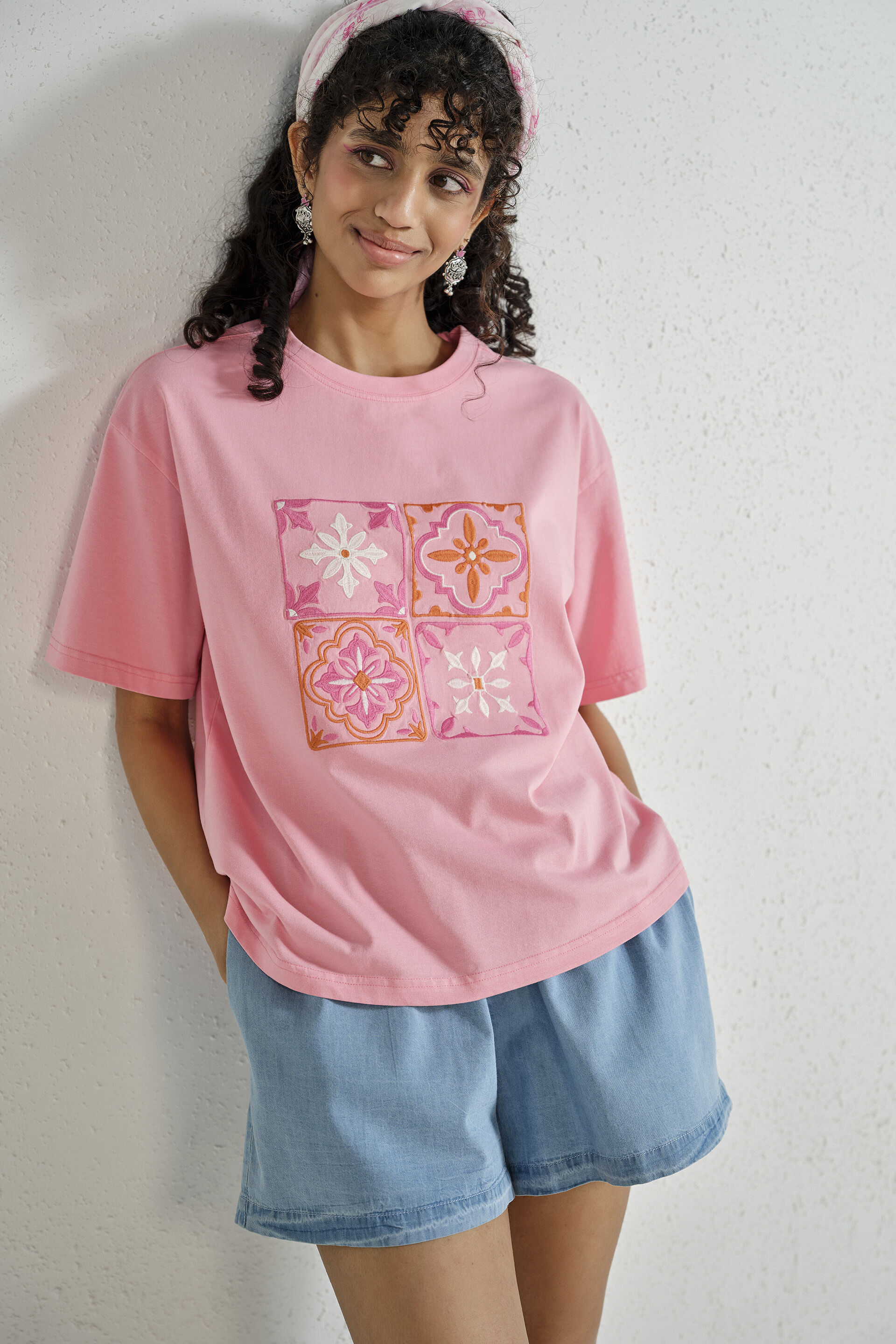 Pink Embroidered Cotton T-shirt, Pink, image 2